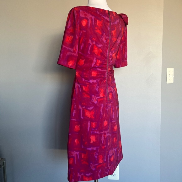 Kay Unger Pink Ruched Bow Neck Cocktail Pencil Abstract Print Sheath Dress - Picture 8 of 12